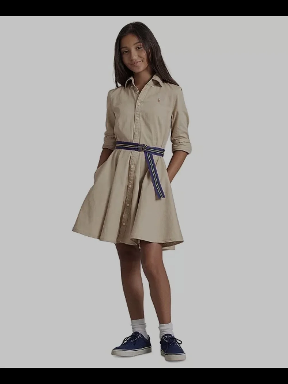 Ralph Lauren Beige Shirt Dress with Striped Belt Sz 16
